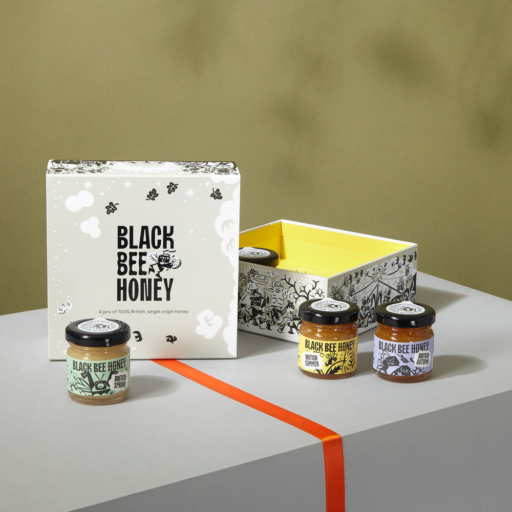 raw honey, pure honey, british honey, real honey, natural honey, b corp honey, black bee honey, award winning honey, best label honey, designer honey, cool honey, nice packaging honey, set honey, honey gift, honey gift box, season honey, seasonal honey, beekeeper gifts,