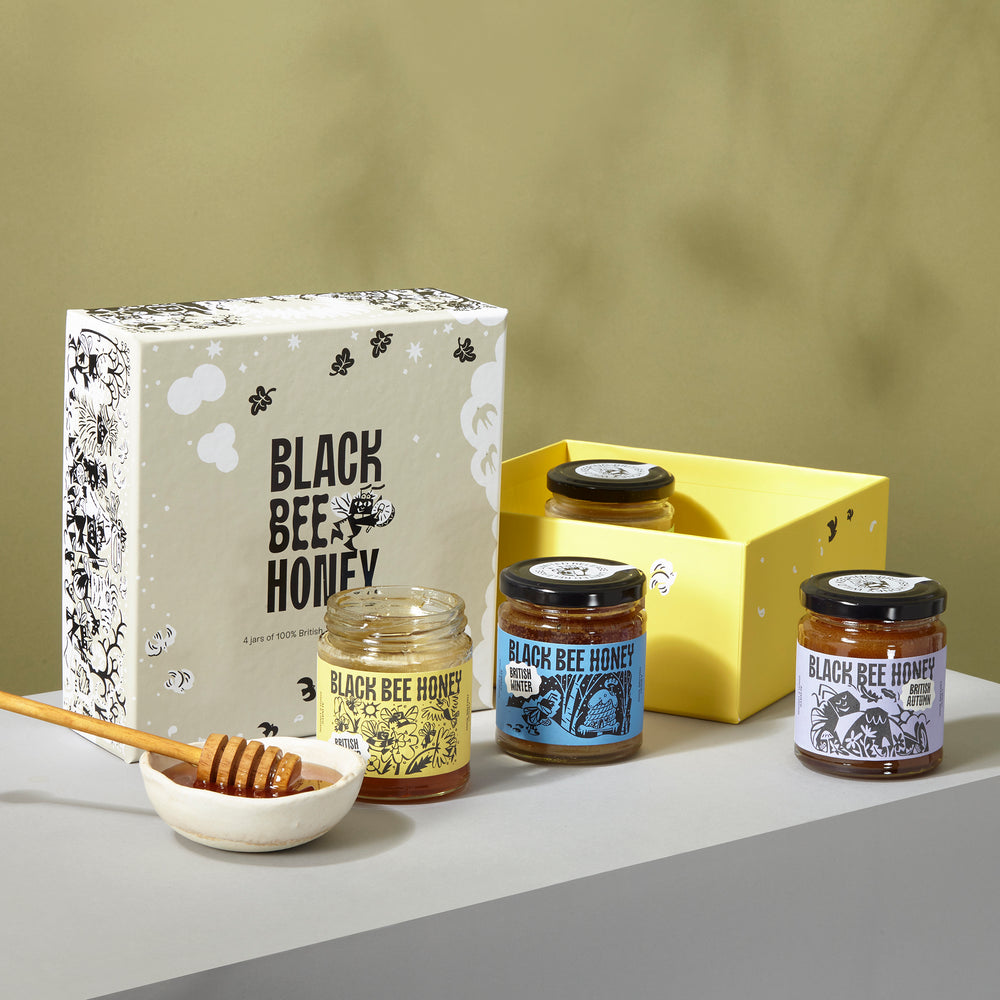 raw honey, pure honey, british honey, real honey, natural honey, b corp honey, black bee honey, award winning honey, best label honey, designer honey, cool honey, nice packaging honey, set honey, honey gift, honey gift box, season honey, seasonal honey, beekeeper gifts,
