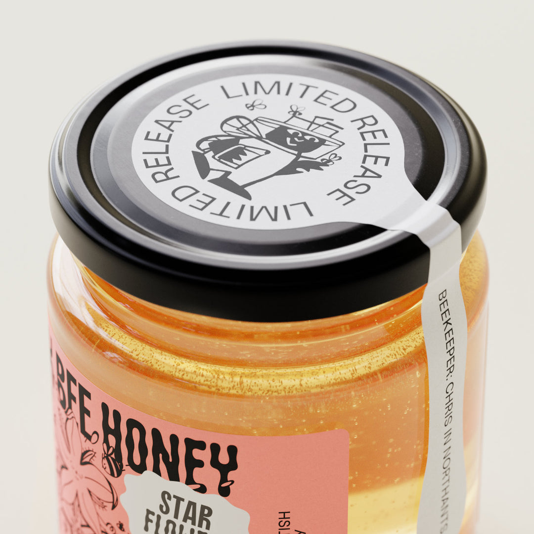 raw honey, pure honey, british honey, real honey, natural honey, b corp honey, black bee honey, award winning honey, best label honey, designer honey, cool honey, nice packaging honey, rich honey, set honey, starflower honey, borage honey