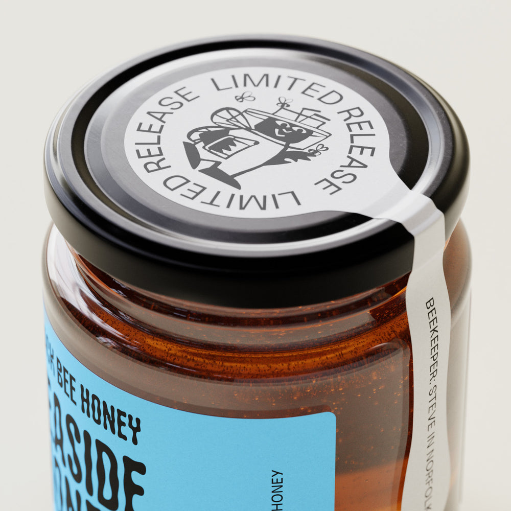 raw honey, pure honey, british honey, real honey, natural honey, b corp honey, black bee honey, award winning honey, best label honey, designer honey, cool honey, nice packaging honey, set honey, pollen honey, bee pollen, seaside honey, sea lavender, sea lavender honey