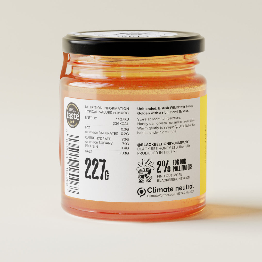 raw honey, pure honey, british honey, real honey, natural honey, b corp honey, black bee honey, award winning honey, runny honey, best label honey, designer honey, cool honey, nice packaging honey
