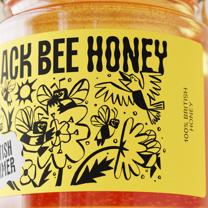 raw honey, pure honey, british honey, real honey, natural honey, b corp honey, black bee honey, award winning honey, runny honey, best label honey, designer honey, cool honey, nice packaging honey