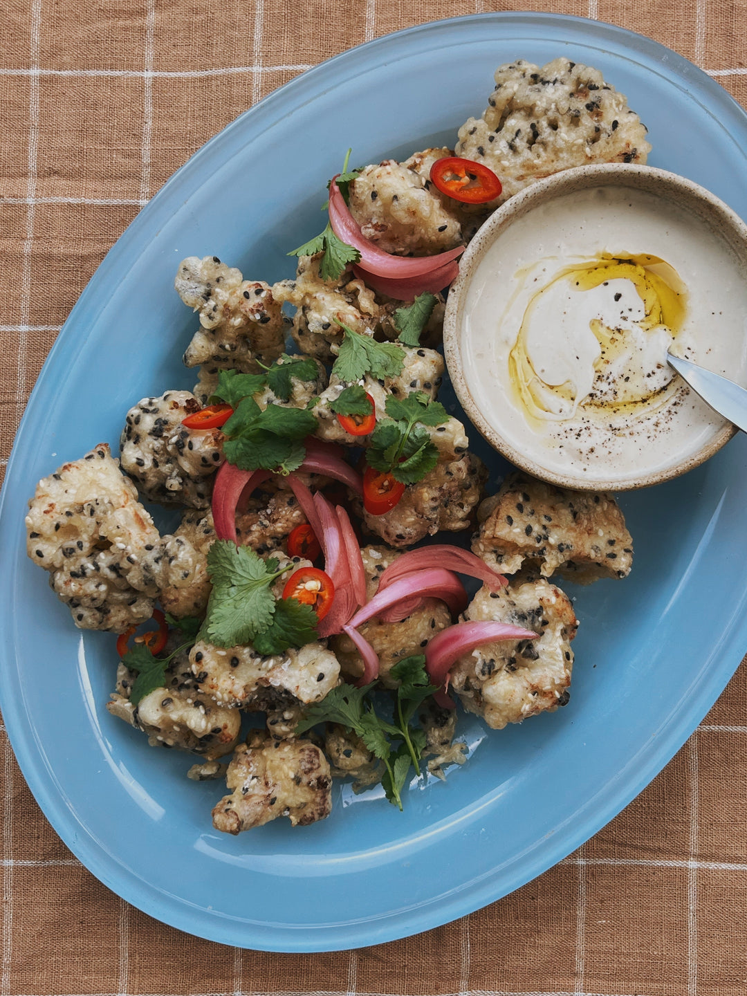Crispy Sesame Cauliflower with Honey Tahini Dip