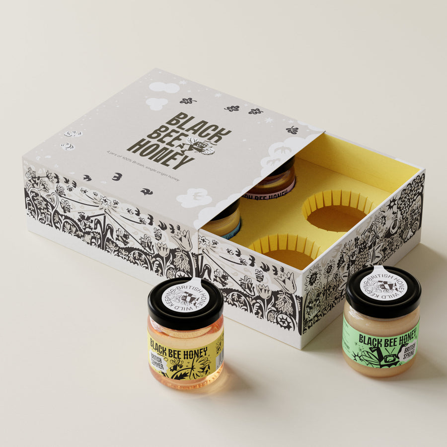 raw honey, pure honey, british honey, real honey, natural honey, b corp honey, black bee honey, award winning honey, best label honey, designer honey, cool honey, nice packaging honey, set honey, honey gift, honey gift box, season honey, seasonal honey, beekeeper gifts, 