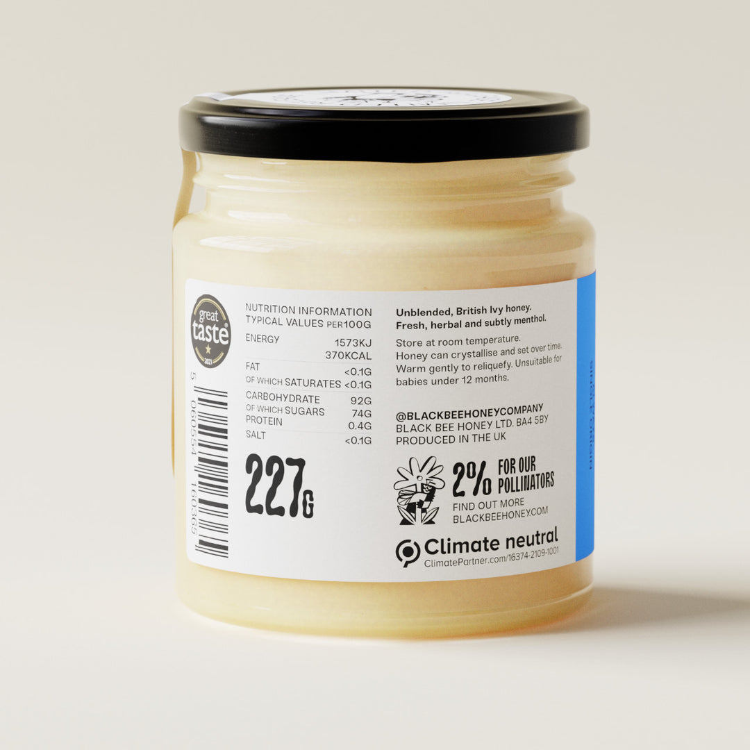 raw honey, pure honey, british honey, real honey, natural honey, b corp honey, black bee honey, award winning honey, best label honey, designer honey, cool honey, nice packaging honey, winter honey, ivy honey, rich honey, set honey